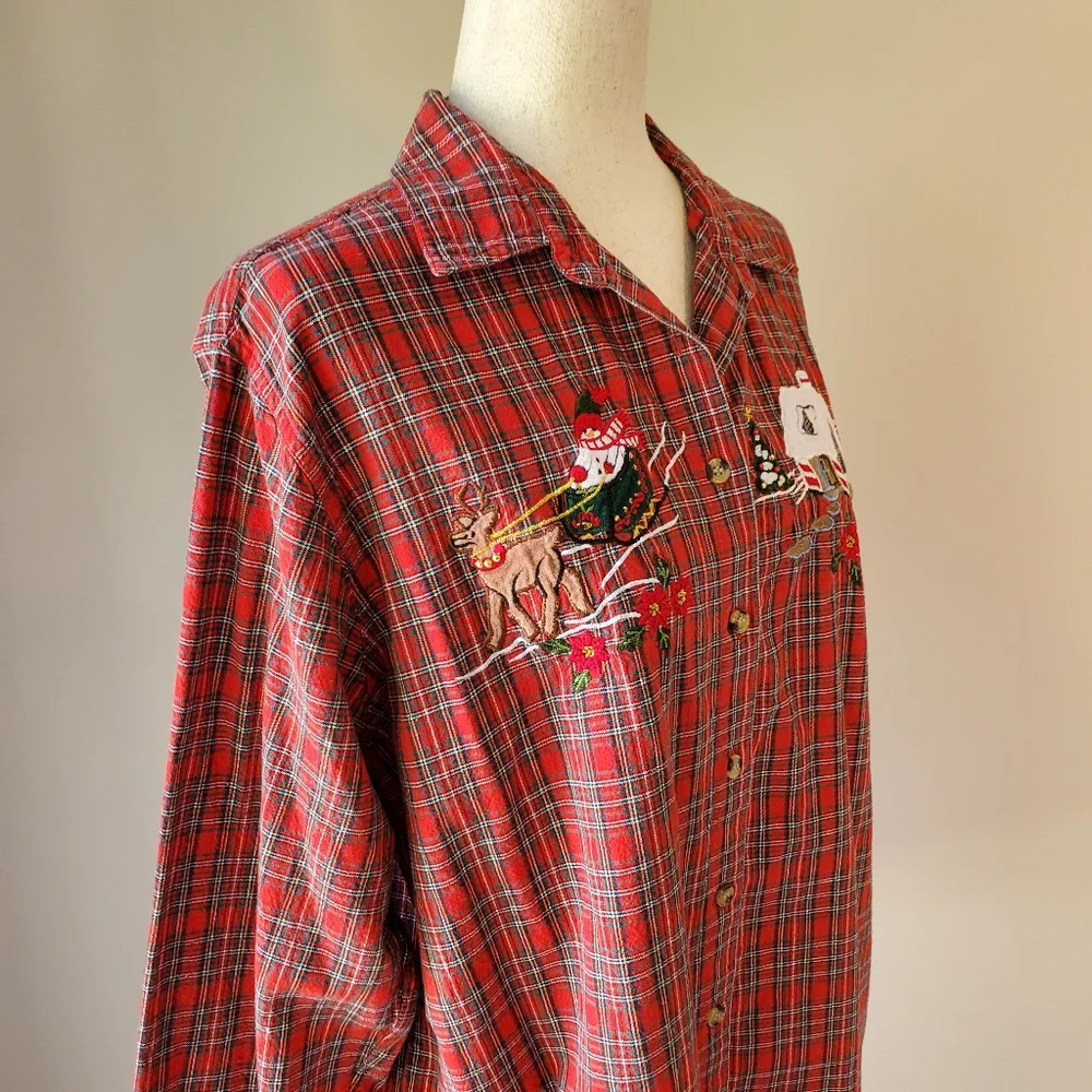 Vintage Christmas Plaid Casey & Max XL Holiday Red Festive Button Down Top - Picture 4 of 11